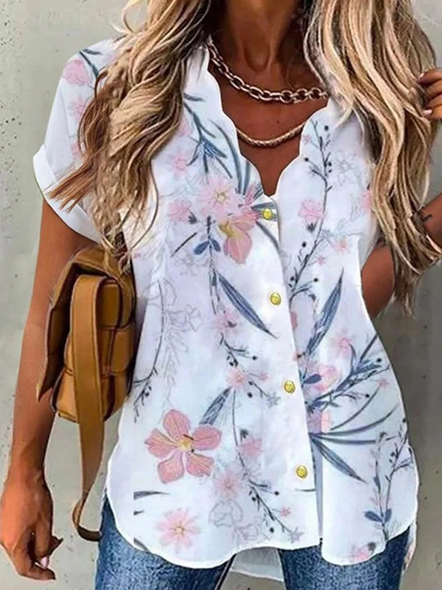 Women Shirt Floral Daily Weekend Floral Blouse Shirt Women Short Sleeve Button Print V Neck Casual Tops