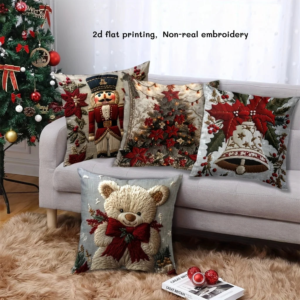 4pcs Christmas Pillow Covers - Nutcracker, Bear & Lily Print, 2D Embroidery Style, Holiday Decor for Sofa Bed