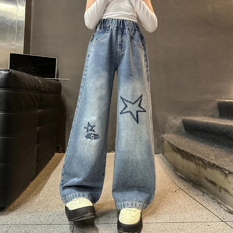 Jeans For Girl Spring Embroidery Star Pattern Wide Leg Denim Pants Kids Casual Style Children Loose Clothes 6 8 9 10 12 14 Years