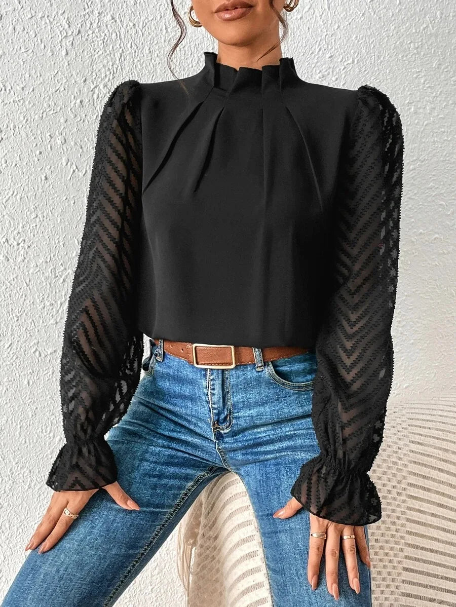 Elegant Ladies Office Shirt Tops Fashion Pleated Lace Long Sleeve T-Shirts Chiffon Shirts Casual Slim Mock Neck Blouse For Women