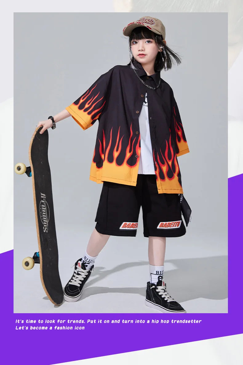 Jungen-Streetwear-Set 2025: Hip-Hop Flame-Design - Urban Dance Collection