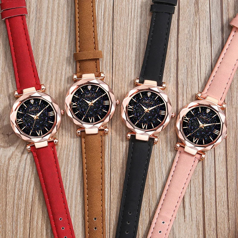 Damen Uhr Strass Romantischer Sternenhimmel - Armbanduhr Mode Damen Leder Uhr - Uhr für Frauen