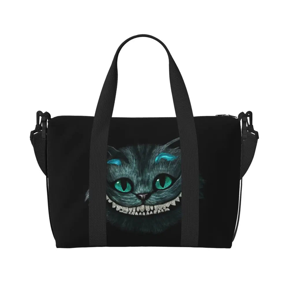 Custom Cheshire Cat Beach Tote Bag for Women We're All Mad Here Cat Big Compartment Gym Beach Travel Bags