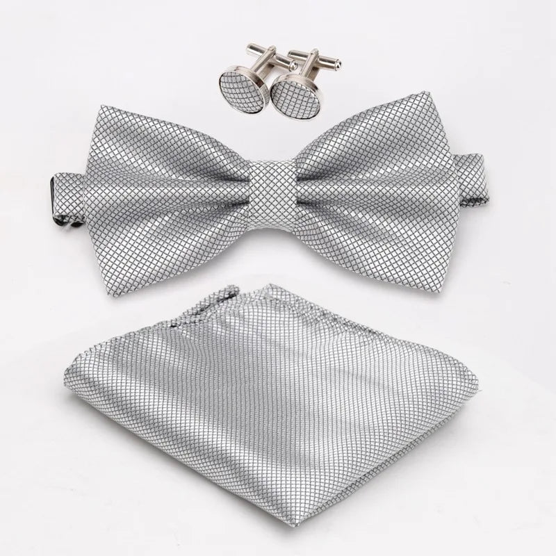 Men Bowtie Set 3pcs Plaids Classic Fashion Wedding Party Formal Cufflinks Bow Tie Handkerchief Cuff Links Lots Three Piece Set