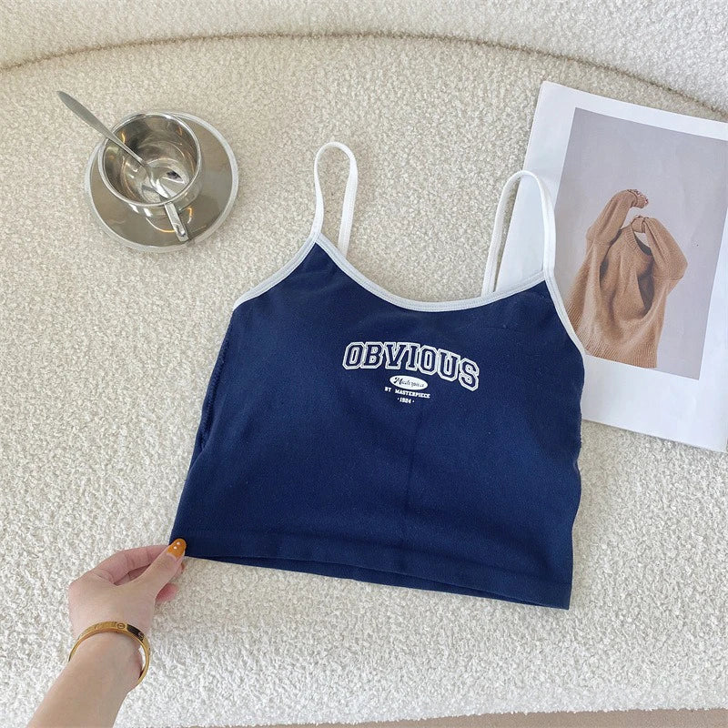 Women Tops Tank Padded Bra Crop Tops O-neck Solid Color Crop Tops Summer Letter Printing Spaghetti Camisole Top Edgy Clothes Y2k