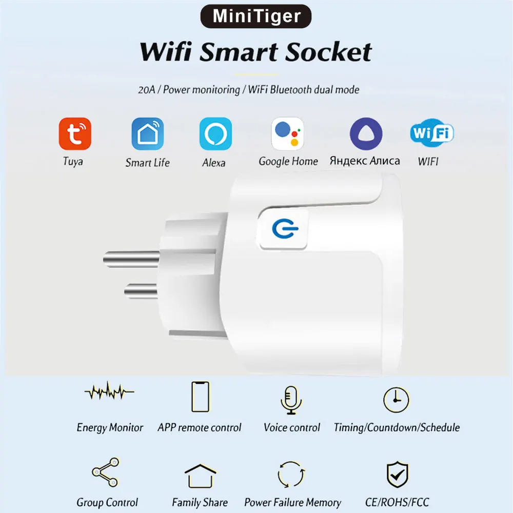 Tuya 16A/20A Smart Plug WiFi - 85–220V EU Steckdose, Kompakt Bauform