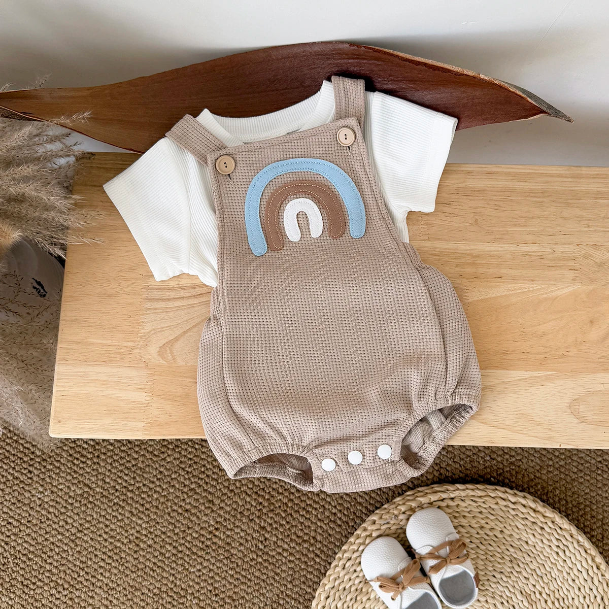 Baby Girls Clothes Bubble Romper Rainbow Patch Pullover Button Triangle Jumpsuit Boy Summer Stylish Bodysuit+T-shirt 2Pcs/Set