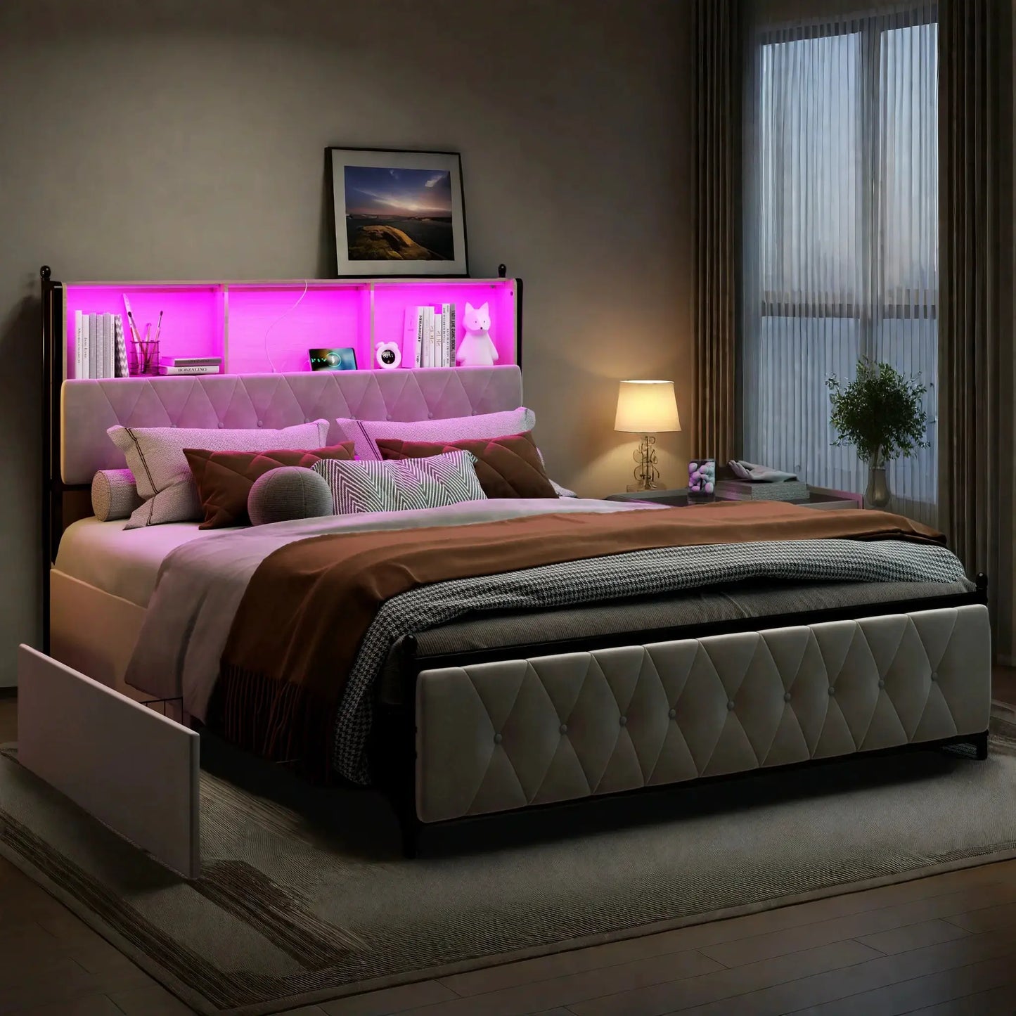 Polsterbett 180x200 cm Mit Stauraum Und LED USB Beleuchtung