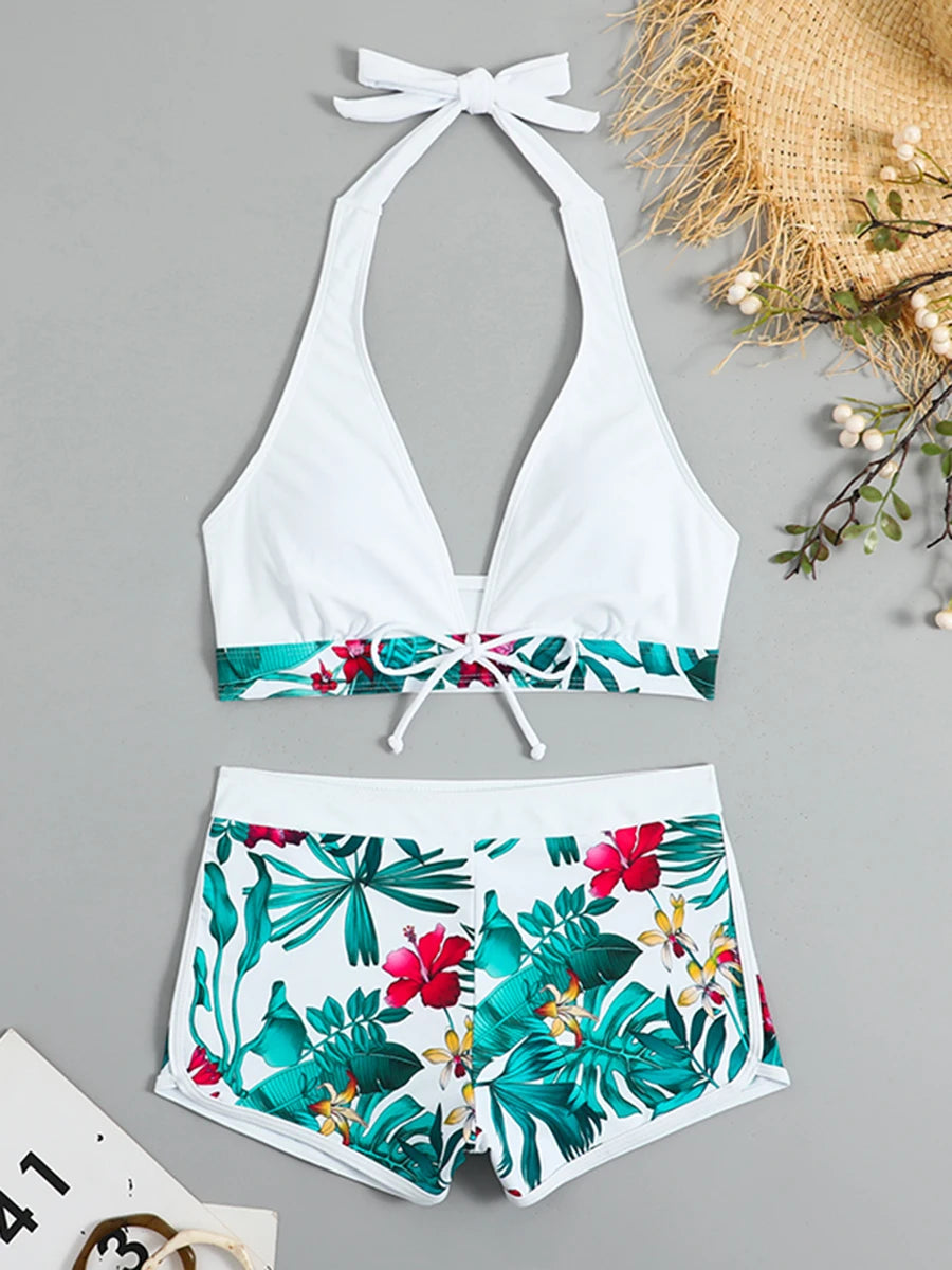 Halter Bikini Set: High Waist Design Wire-Free Support Spandex Polyester - Kurzer Schwimmanzug Frauen Bedruckte Bademode Polsterung Strandmode
