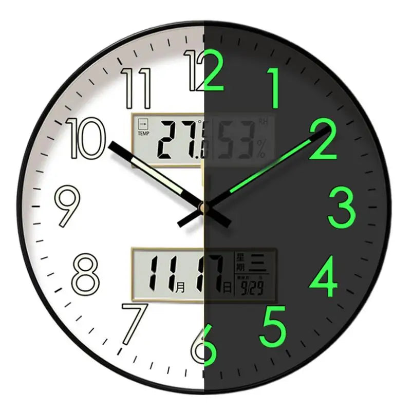 Modern Design Clock Silent Non Ticking Round Luminous Wall Clock with Calendar Large Digital Display Night Light Wall Clock