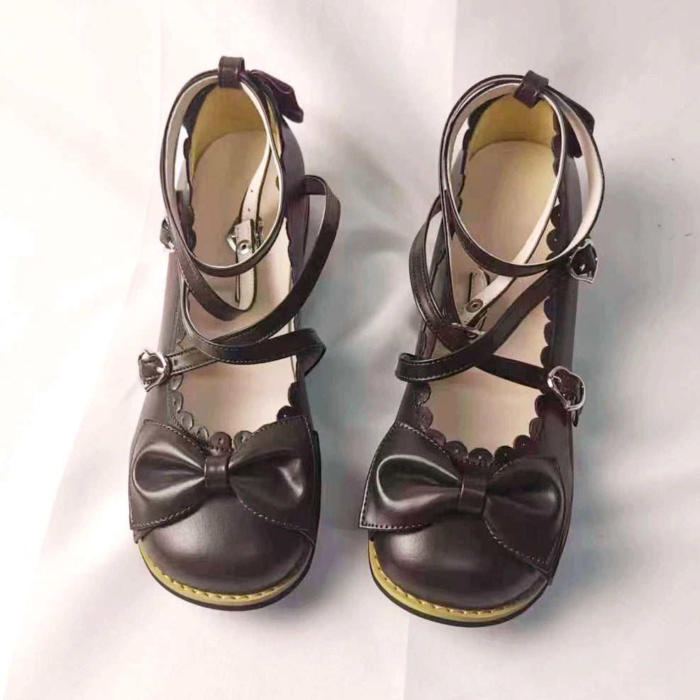 Lolita Schuhe Damen 2025 - Flats Low Round Cross Straps Schleife - Süße Mädchen Prinzessin Tea Party Schuhe Studenten 34-41