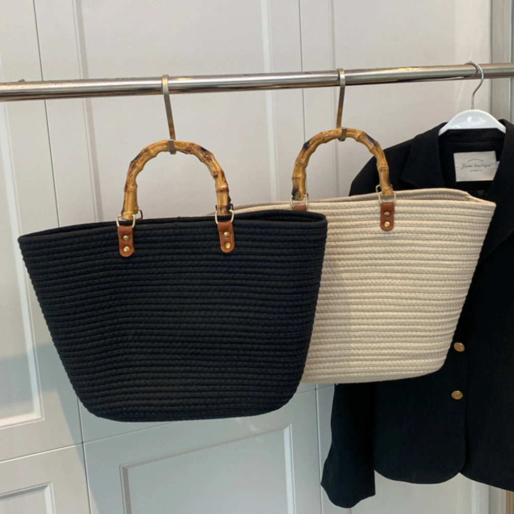 Beach Vacation Bags Bamboo Handle Holiday Hand Bag Large Capacity Striped Portable Casual Fashion Exquisite for Seaside Party