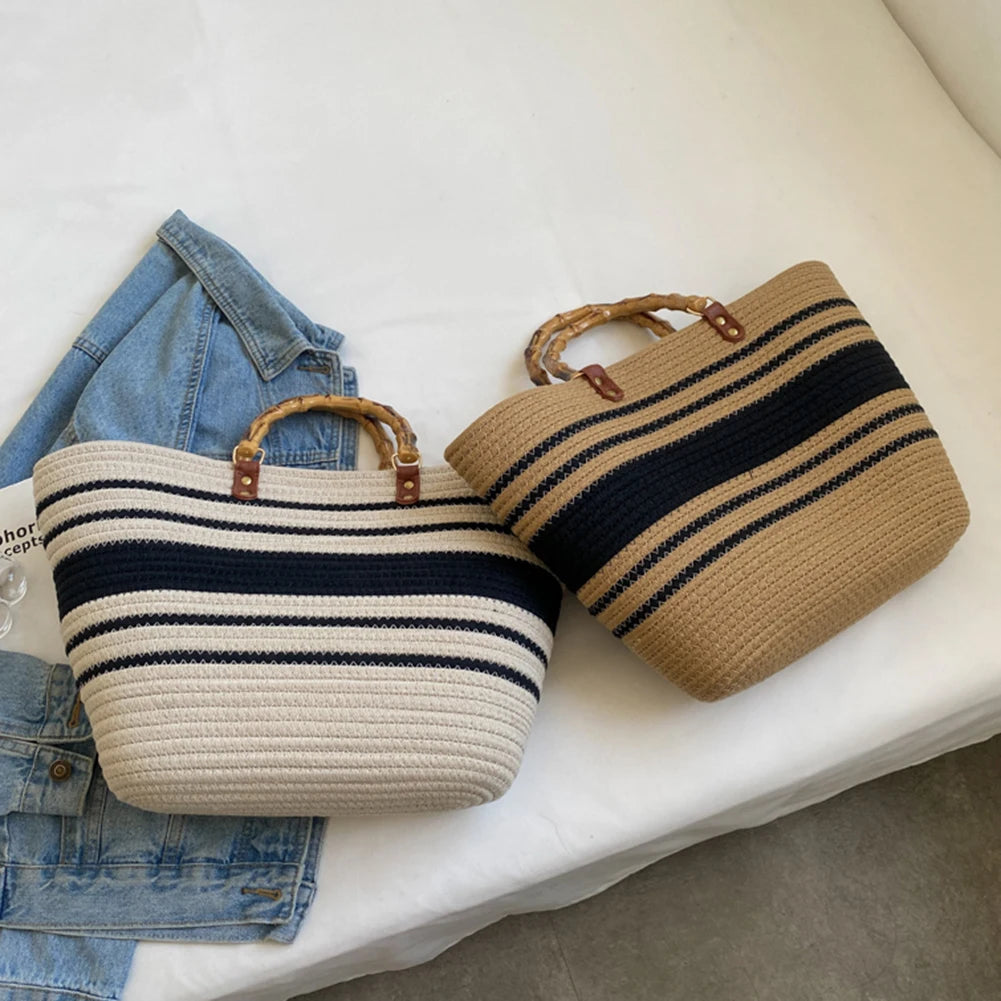 Beach Vacation Bags Bamboo Handle Holiday Hand Bag Large Capacity Striped Portable Casual Fashion Exquisite for Seaside Party