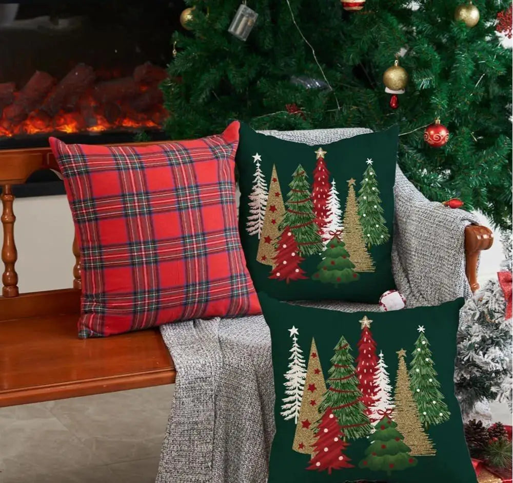 2025 New Red Checkered Christmas Cushion Cover Bedroom Living Room Decoration Pillow Cover Two-piece Set Simple and Versatile