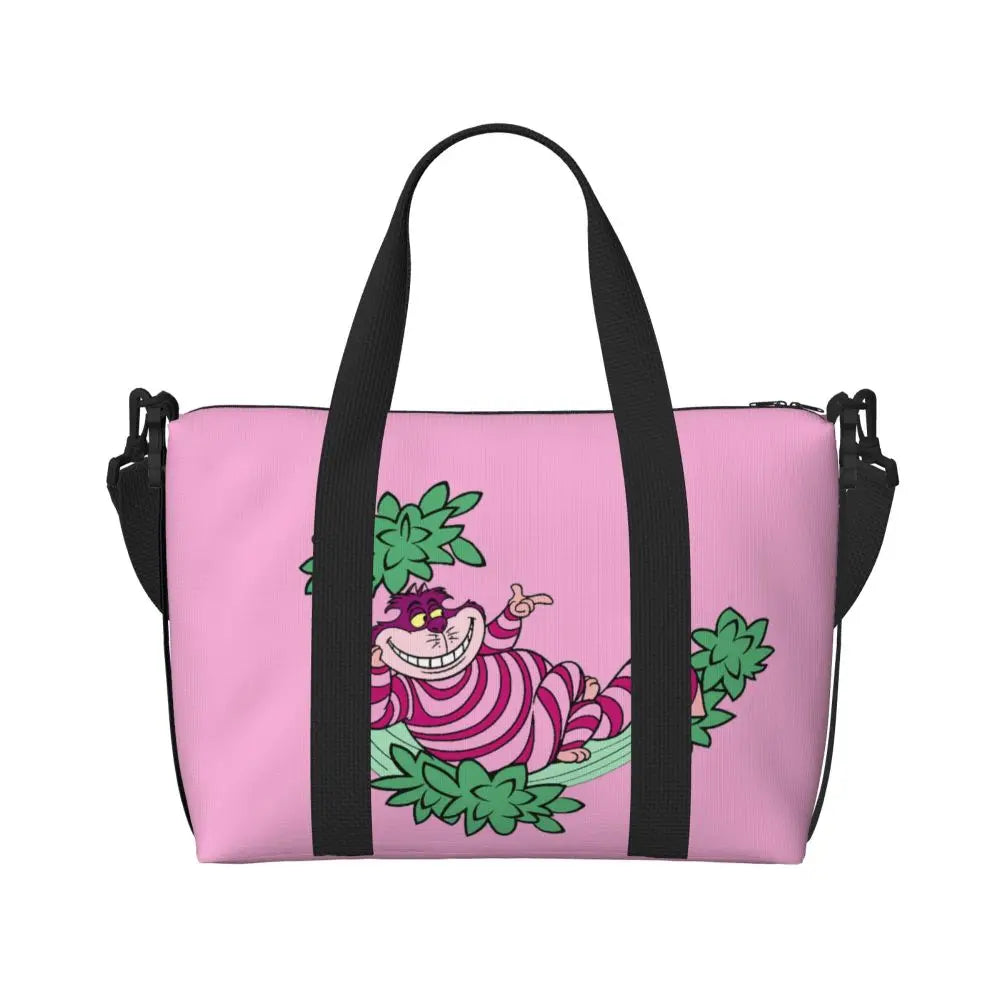 Custom Cheshire Cat Beach Tote Bag for Women We're All Mad Here Cat Big Compartment Gym Beach Travel Bags