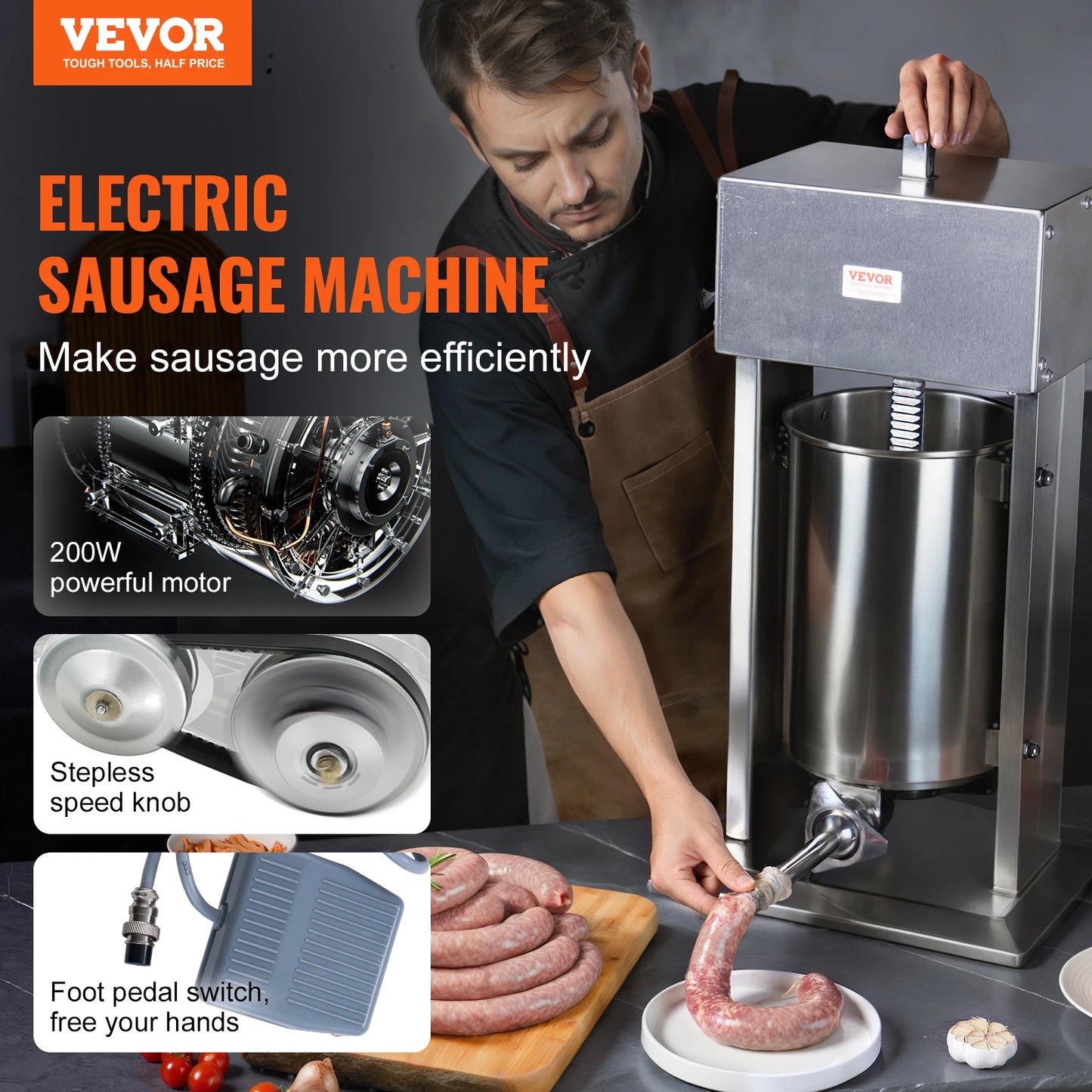 VEVOR Elektrische Wurstfüllmaschine - Vertikal Fleischwolf Geschwindigkeitskontrolle Fußpedal 304 Edelstahl 5 Füllrohre