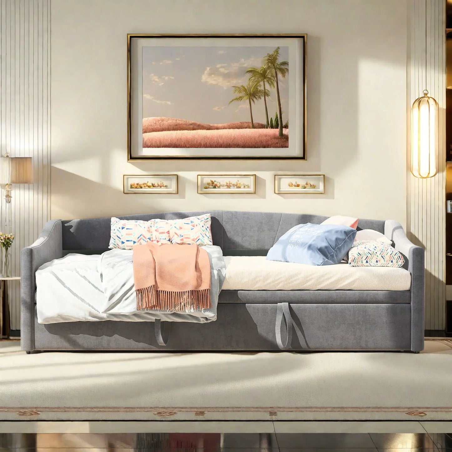 Schlafsofa Ausziehbar Mit Samtbezug Und Rückenlehne Grau
