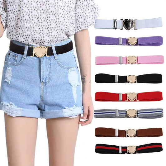 Unisex Belt Contrast Color Banded Metallic Heart Buckle Waistband Adjustable Elastic Band Girl Waist Strap Elastic Waist Band