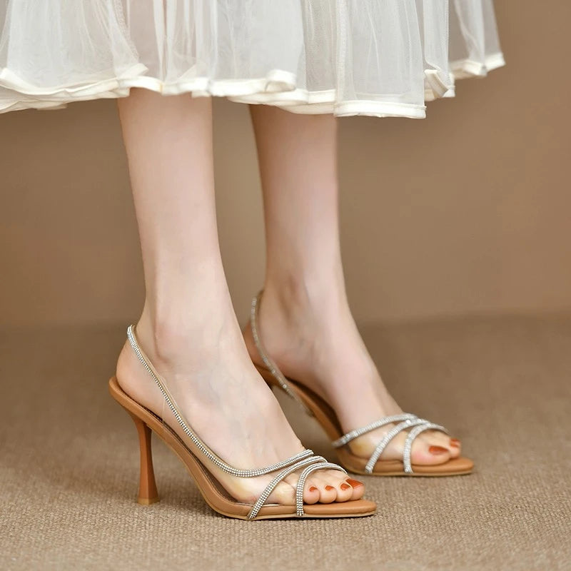 Women Summer Rhinestone Slingback Pumps Office Lady Transparent Heeled Sandals Elegant Pointed Toe Female Sexy High Heels