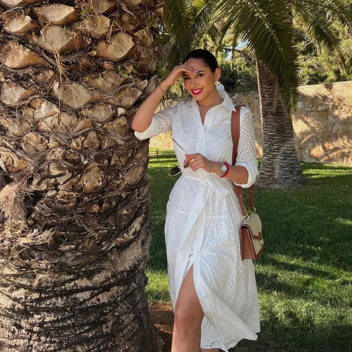Elegant Embroidered White Dress Women Chic Lapel Long Sleeve High Waist Lace Up Maxi Dresses Fashion Female Hollow Out Vestidos