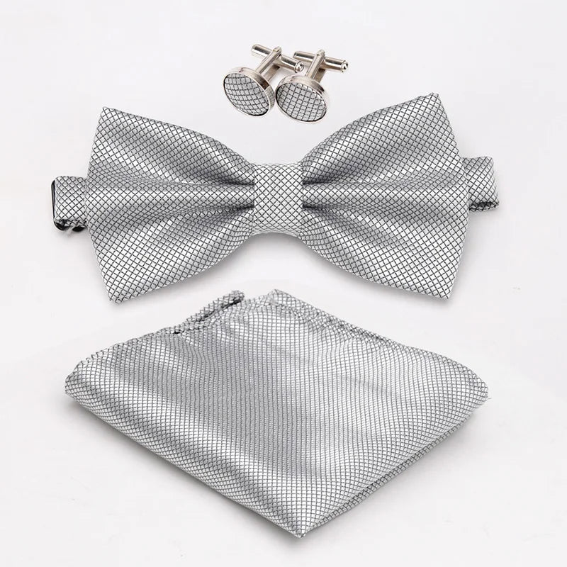 Men Bowtie Set 3pcs Plaids Classic Fashion Wedding Party Formal Cufflinks Bow Tie Handkerchief Cuff Links Lots Three Piece Set