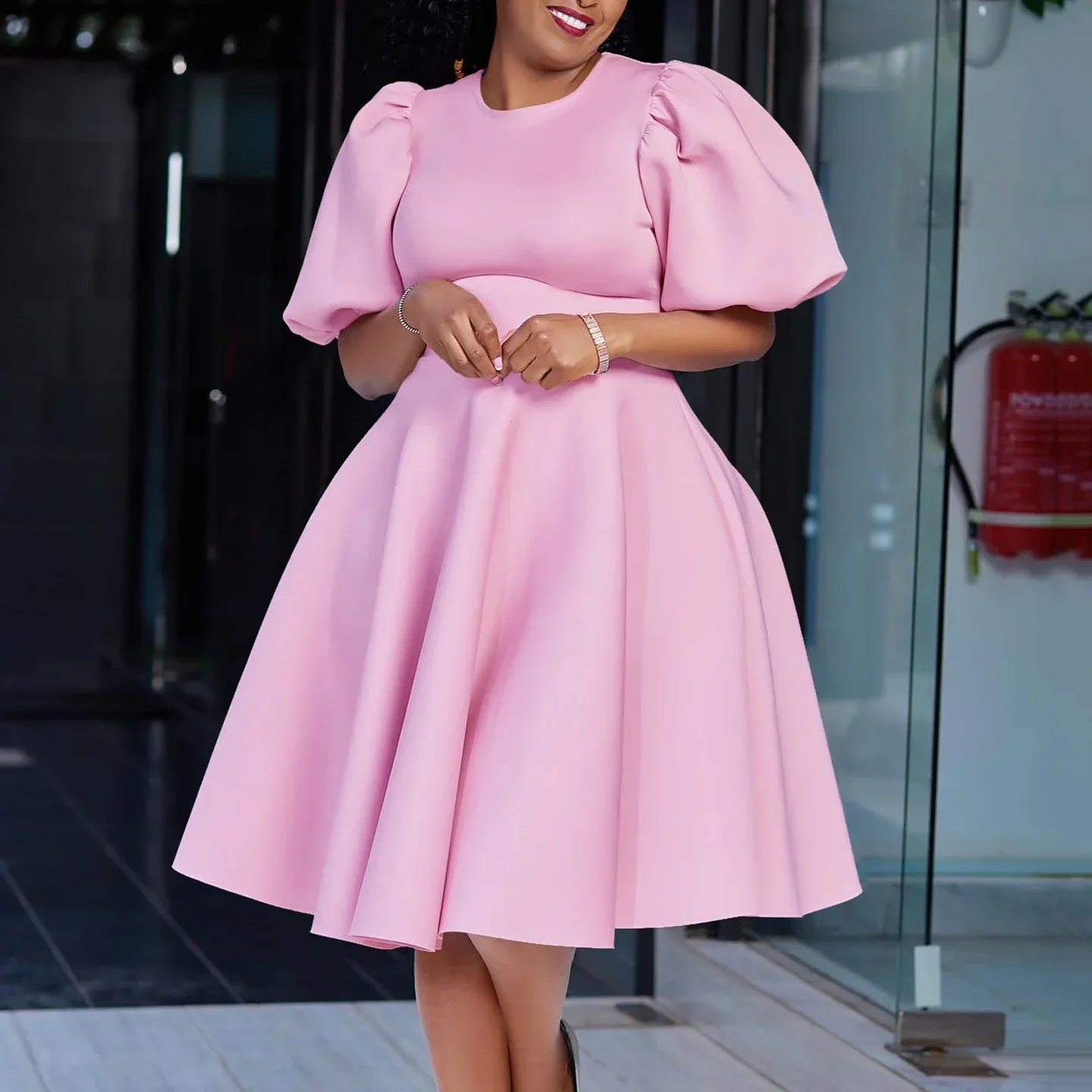 Elegante Kleider Für Frauen 2024 O-Ausschnitt Kurze Ärmel Hohe Taille Plissiert Midi Luxus Weiblich Geburtstag Party Dinner Vestidos