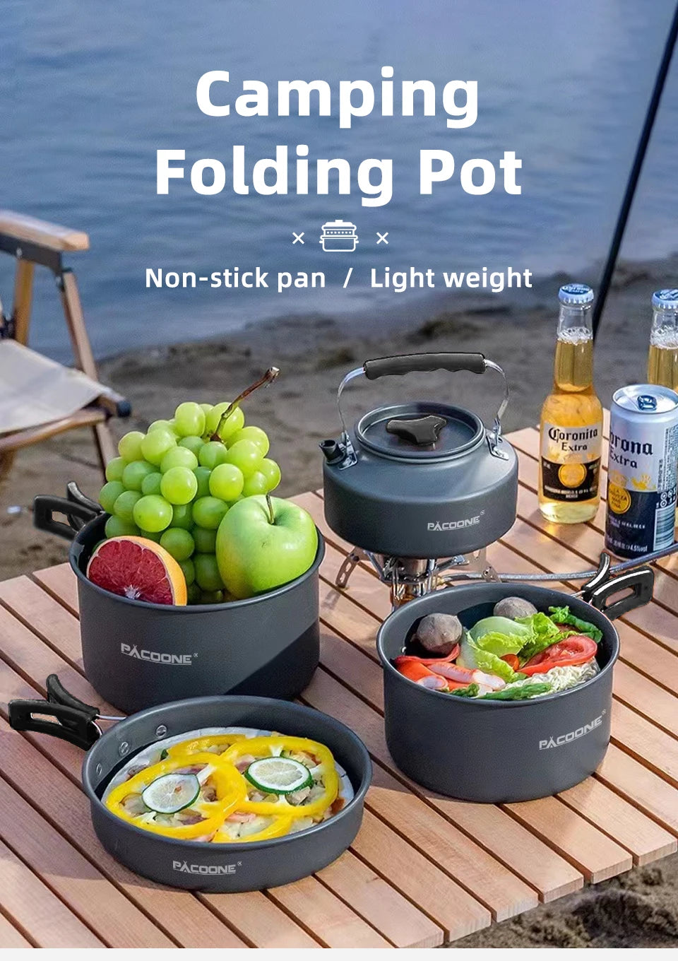 PACOONE Camping Cookware Set Outdoor Portable Foldable Cookware Set Pot Cooking Kettle Set Tableware Hiking Picnic Equipment