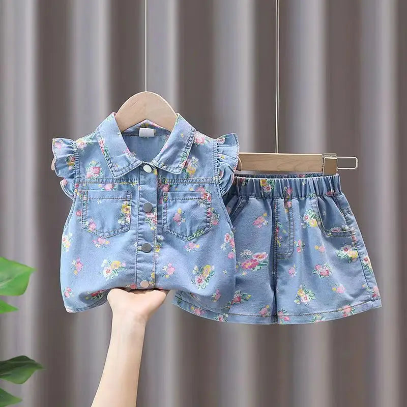 Children's Clothing Sets Floral Print Lace Sleeveless Top + Shorts 2pcs Sets  Baby Girl Outfit Set Kids Clothes for Girls
