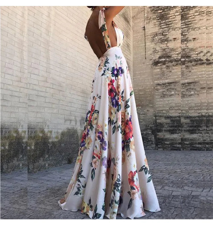 Backless women floral high waist large swing sleeveless long dresse