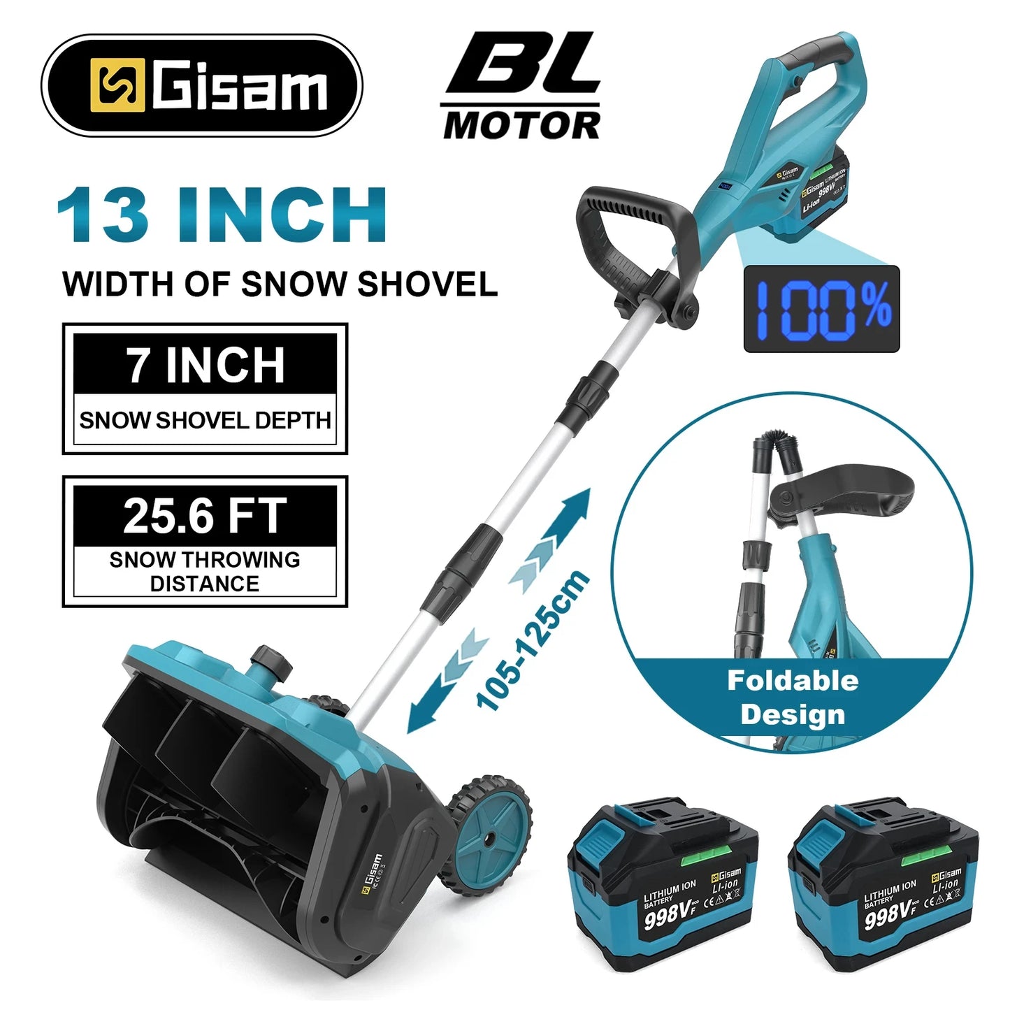 Gisam Schneepflug Bürstenlos - 4,5 Ah,3500 W, Breite 32 cm