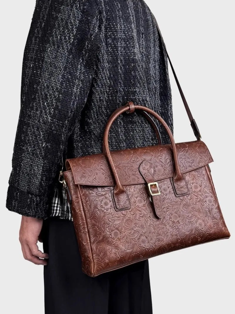 Vintage flower carved leather bag  single shoulder briefcase & business satchel