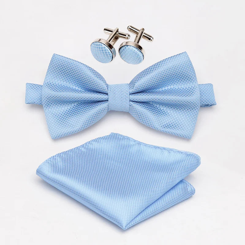 Men Bowtie Set 3pcs Plaids Classic Fashion Wedding Party Formal Cufflinks Bow Tie Handkerchief Cuff Links Lots Three Piece Set