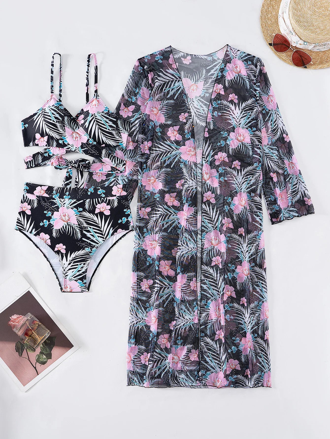 Sommer Print Schwimmanzüge: ASKATE Verbesserte Unterstützung Wire-Free Support Nylon Spandex - Dreiteilig High Waist Strand Wear Floraler Print
