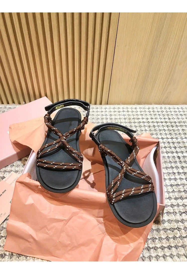 Damen Seil-Knoten Zehentrenner Sandalen - Weiche Sohle Komfort Sommer - Geflochtene Riemen Fashion Sandalen
