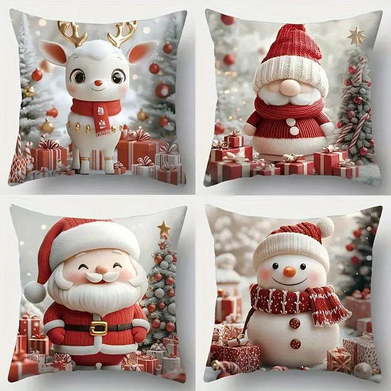 Modern Christmas Pillow Covers Set of 4, Snowman Reindeer Santa Design, Soft Polyester Zippered  for Living Room Decor