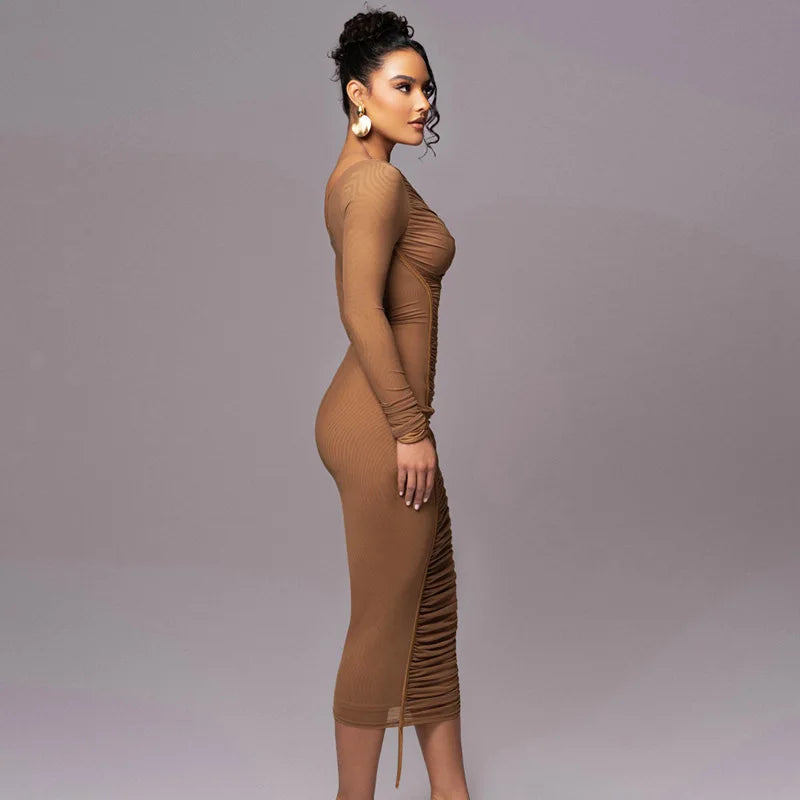Elegant Women Dresses Diagonal Collar Long Sleeve Two Layer Mesh Backless Pleated Bodycon Sexy Club Party Evening Dress