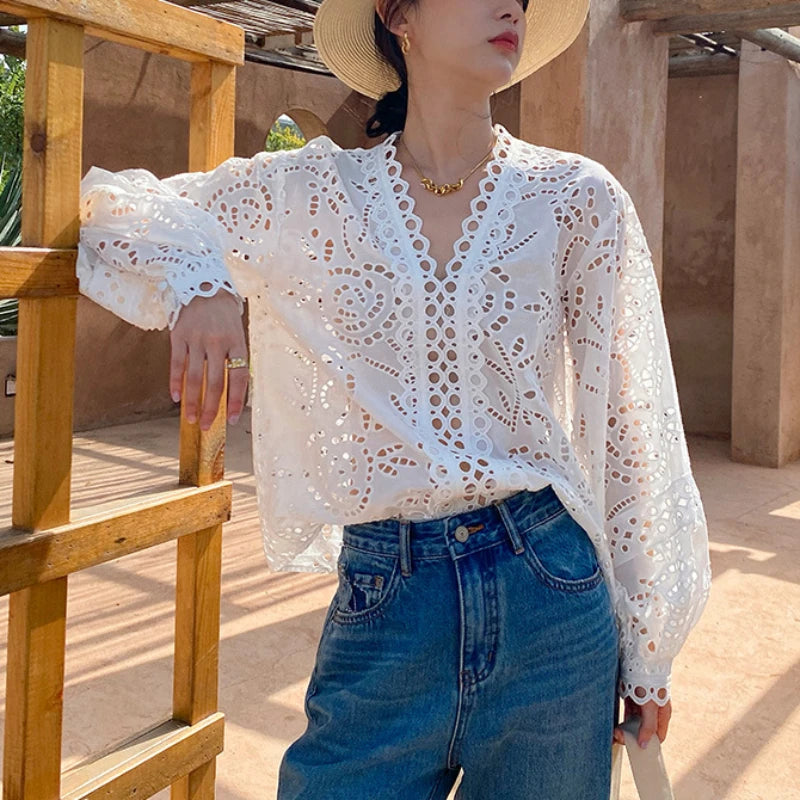 Floral Eyelet Embroidery White Blouse Women's Long Sleeve V-Neck Casual Cotton Shirt 2025 Spring/Summer New in Holiday Clothes