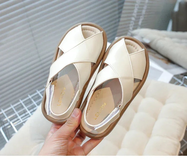 Girls Flats Solid Color Trendy Kids Sandals Hook&loop Adjustable 2025 Summer New Boys Fashion Beach Shoes Hollowed-out Chic