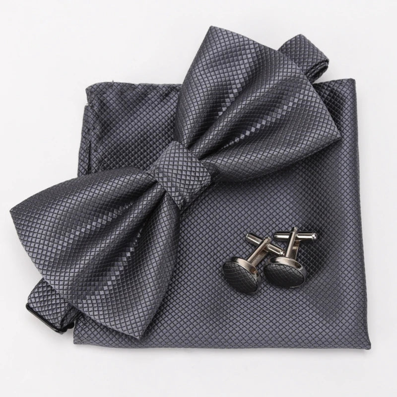 Men Bowtie Set 3pcs Plaids Classic Fashion Wedding Party Formal Cufflinks Bow Tie Handkerchief Cuff Links Lots Three Piece Set