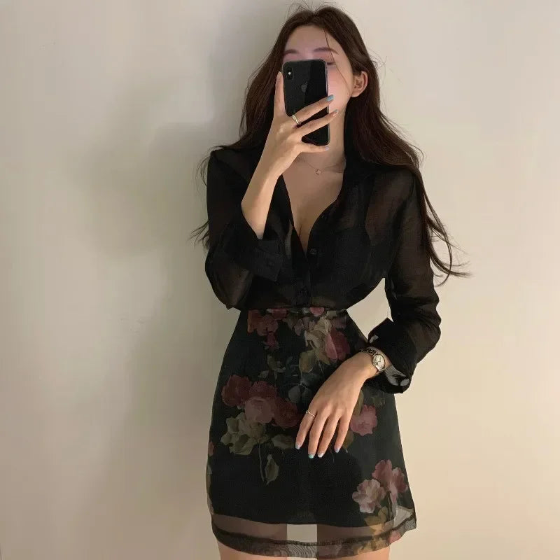 Elegant Women 2 Piece Sets Black Pink Sheer See-through Long Sleeve Shirt+High Waist A-line Floral Print Skirt Sets 2pc OL Suits