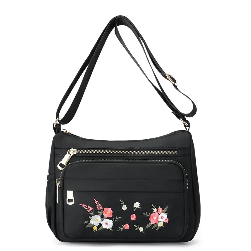 Casual Crossbody Backpack Ladies Oxford Cloth Shoulder Bag Fashion Embroidery Flower Zipper Travel Handbag