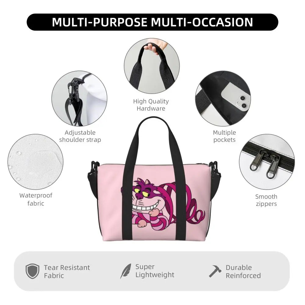 Custom Cheshire Cat Beach Tote Bag for Women We're All Mad Here Cat Big Compartment Gym Beach Travel Bags