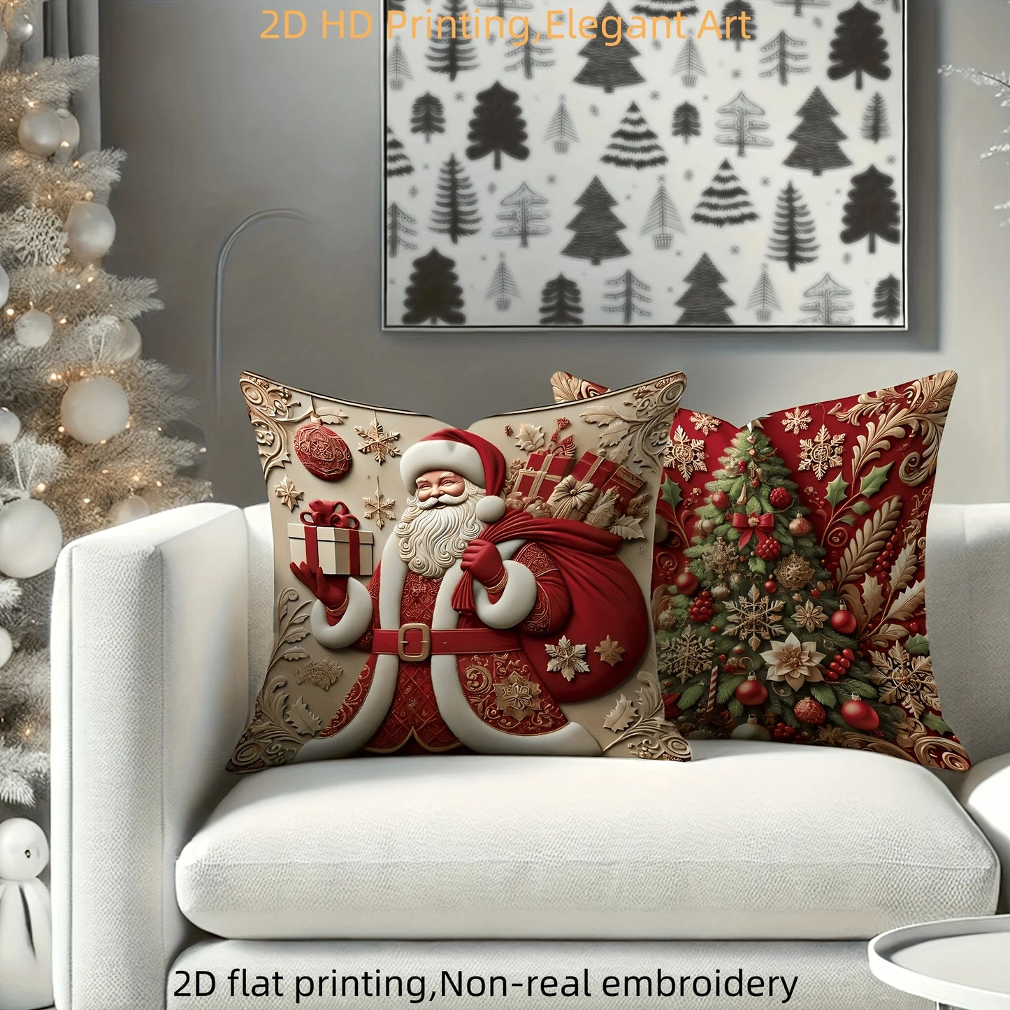 4pcs Christmas Pillow Covers, Red Gold Santa Reindeer Snowman Print, 2D Flat Polyester, for Festive Living Room Decor