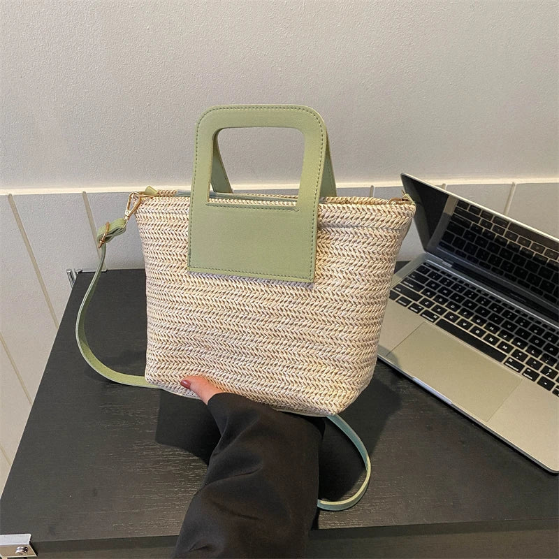 Women Woven Straw Beach Bag Lightweight Summer Tote with PU Leather Handles Detachable Strap for Vacation Poolside Shoulder Bag