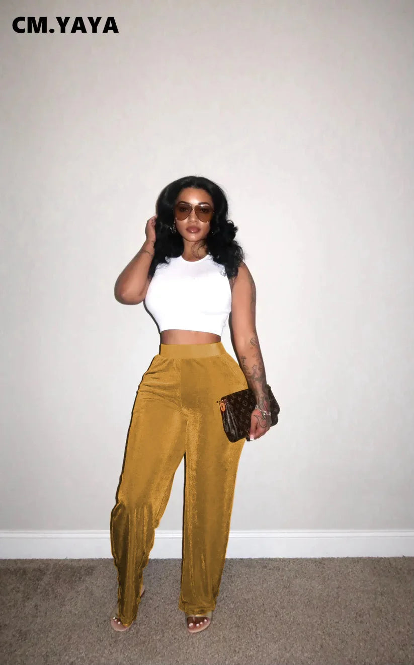 CM.YAYA Samt Hohe Taille Hose - Elast Bund Polyester S-XL