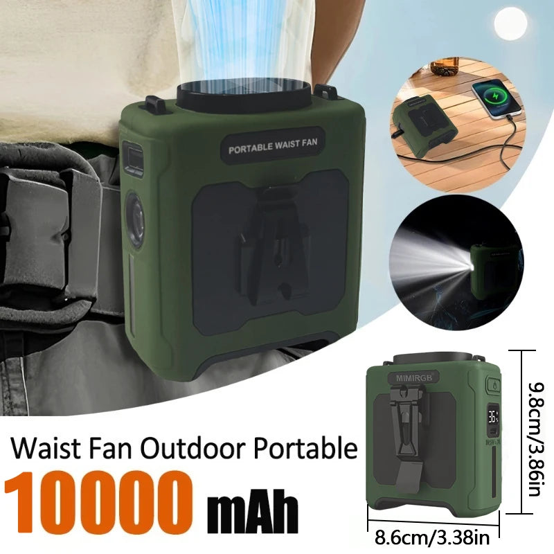 Portable Waist Fan 10000mAh with Power Bank LED Lighting Hanging Neck Fan 5 Speed Strong Airflow Cooling Fan for Outdoor Working