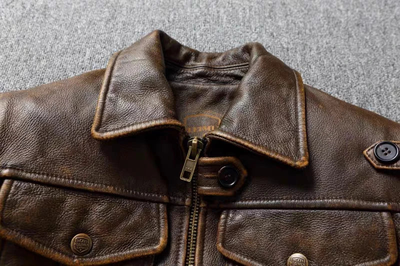 Men's Genuine Leather Jacket Natural Cowhide Hunting Jacket First Layer Cowhide American Retro Motorcycle Jacket Short Jacket
