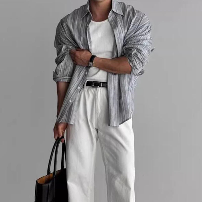 Cămașă cu dungi CN Guangdong, mânecă lungă, guler răsturnat - material de dimensiuni mari