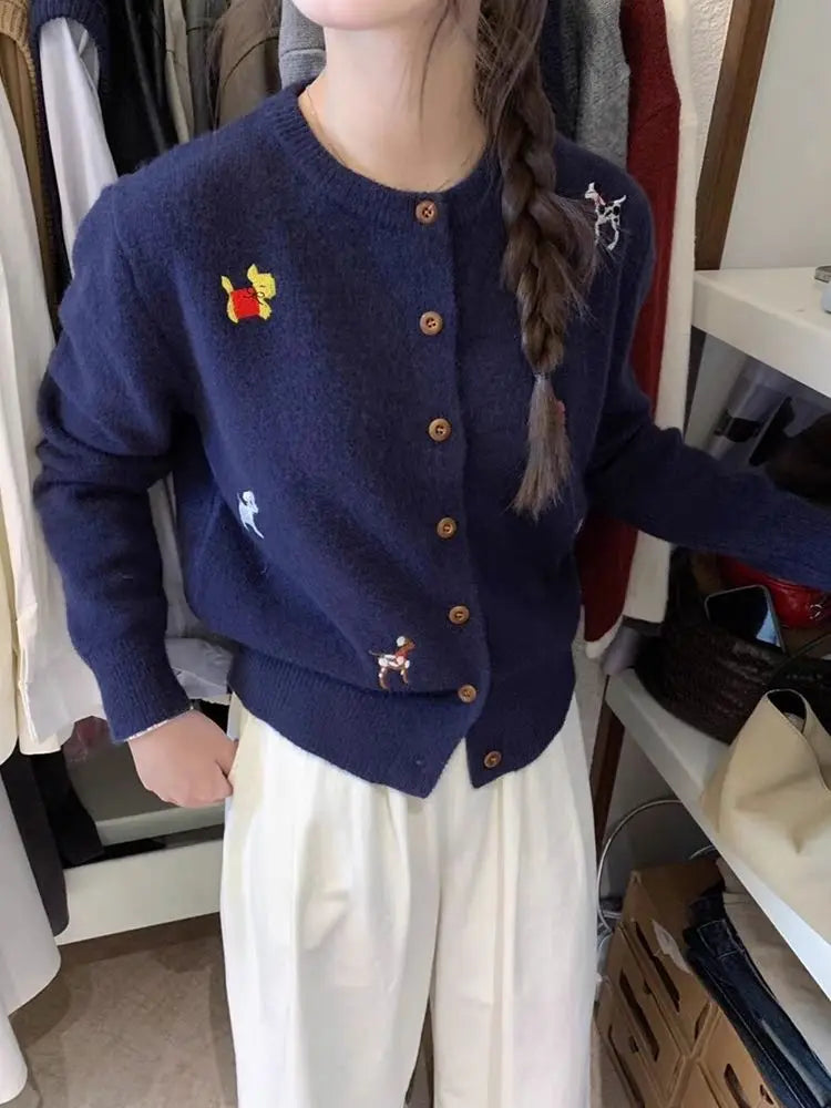 CN Zhejiang Hundemotiv Strickjacke Stickerei Moderner Schliff - Größe M, Polyester, Knopfleiste