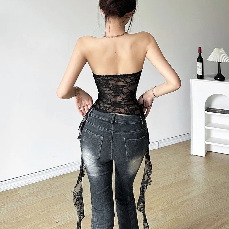 Korsett 2025: Vamos Todos Floral Lace Corset Underbust Strapless See Through - Lingerie Sleeveless Bustier Top Women Club Outfits Fringes Body Feminino Collection